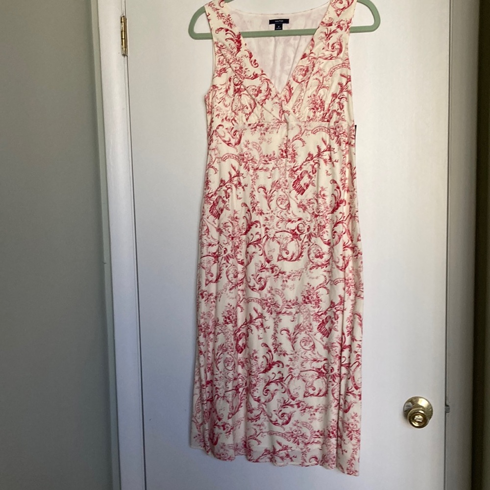NAUTICA  red & cream dress & matching silk sweater. Dress size 8, sweater PL.